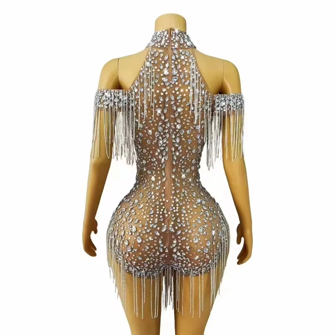 Sexy transparant zilver strass kwastje bodysuit danser zanger nachtclub bar podiumkleding elastisch kristal turnpakje danskostuum