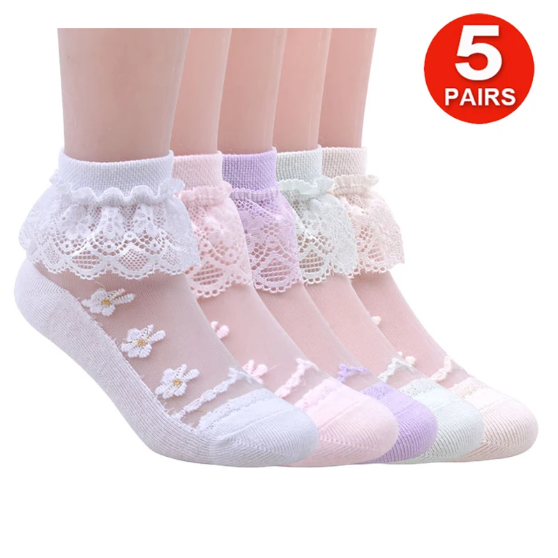 

5 pairs Baby Girls Lace Ruffle Frilly Princess Ankle Socks Set Summer Transparent Mesh Thin Breathable Kids Children's Socks