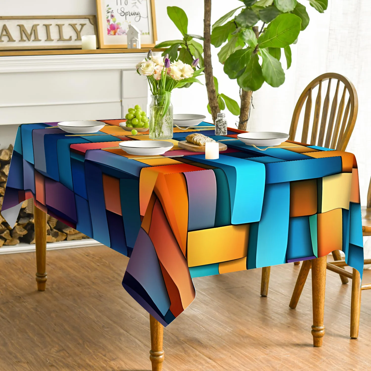 One three-dimensional geometric pattern polyester tablecloth, washable table cover, decorative rectangular tablecloth