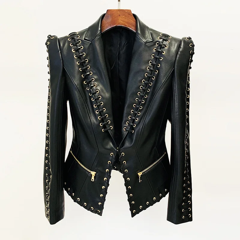 Luxury Brand Soft Leather Jacket Star Fashion Bandage Slim-Fit Leather Suit Jacket Women PU Leather Coat Black Gothic Tops