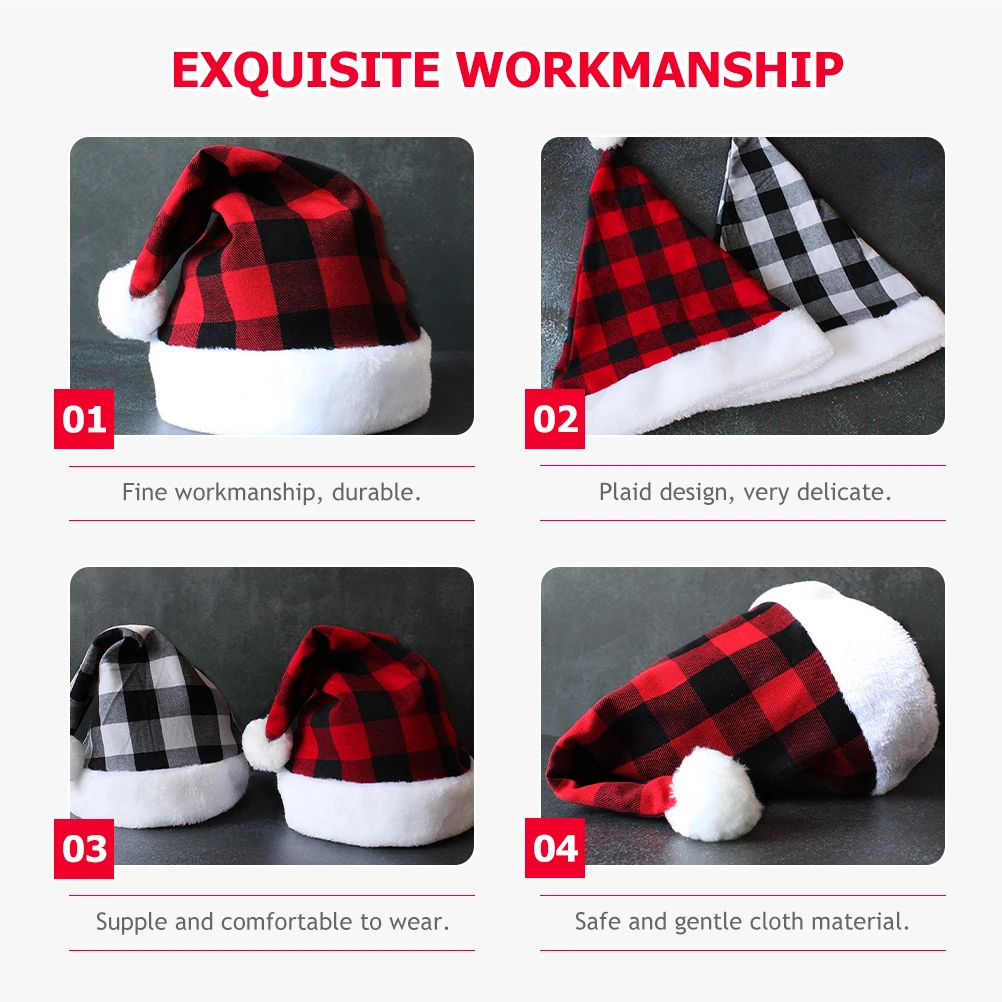 

Santa Hat Christmas Plaid Pattern Soft Fabric Warm Lined Unisex Holiday Party Accessory Costume Decoration for Family Gathering