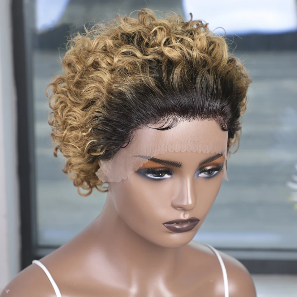 Perruque Bob Lace Wig naturelle bouclée, cheveux courts, à reflets, coupe Pixie, couleur noire, Blonde, bon marché, pour femmes