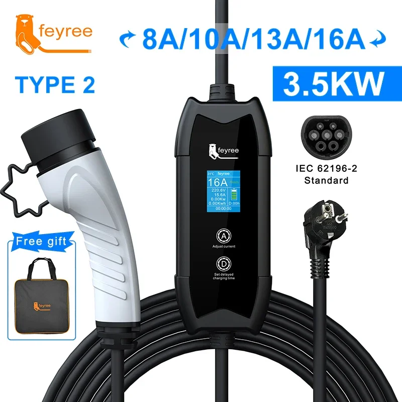 feyree EV Portable Charger Type2 / GB/T Plug Connector 16A 1Phase 3.5KW Type1 3.5m Wallbox Charging Station for Electric Vehicle