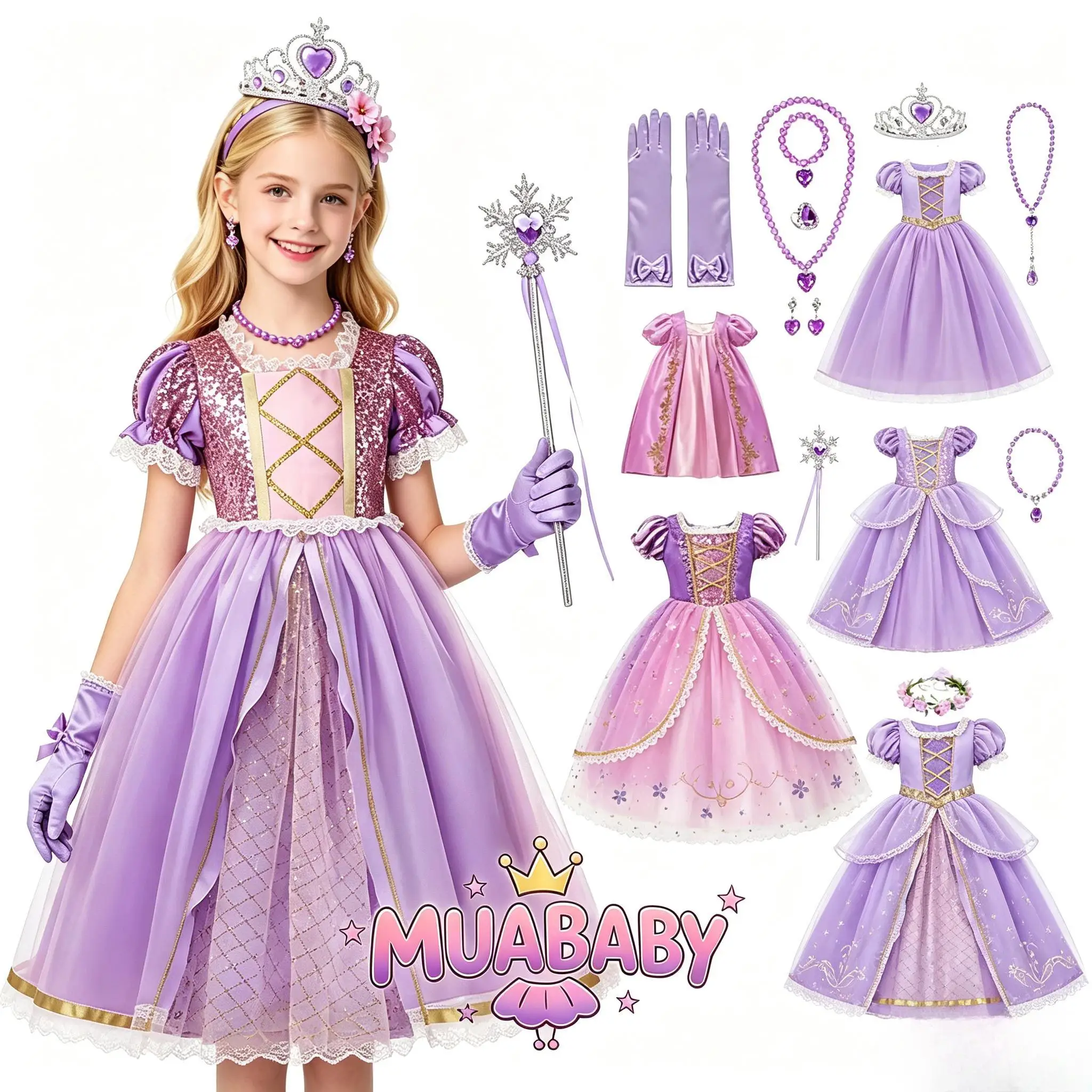 Muababy-Conjunto de Vestido de princesa Rapunzel para niñas, traje de fiesta de Navidad, cumpleaños, Halloween, para niñas de 2 a 10 años