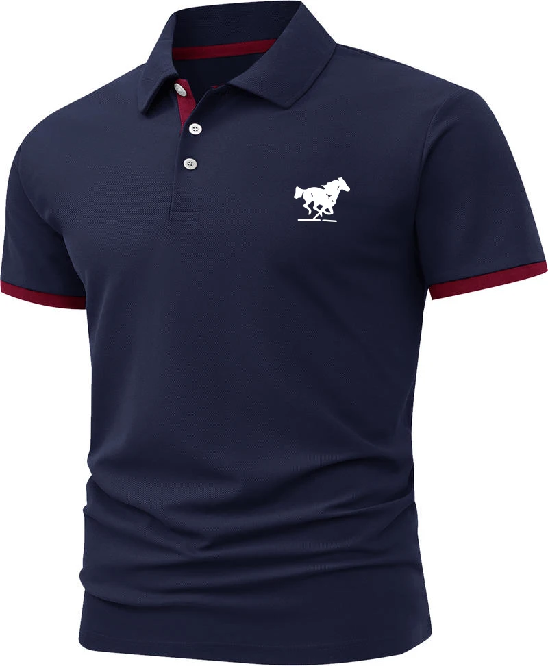Men Horse Print Striped Trim Polo Shirt Short Sleeve Basic Modern Solid Color Golf Shirt Men's Clothing