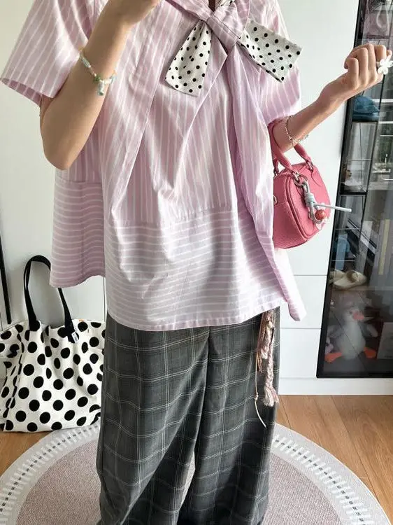 

Summer Women's Loose Fit Striped Shirt Pink Polka Dot Bow Tie College Style Top Knot Wave Design Short Sleeve