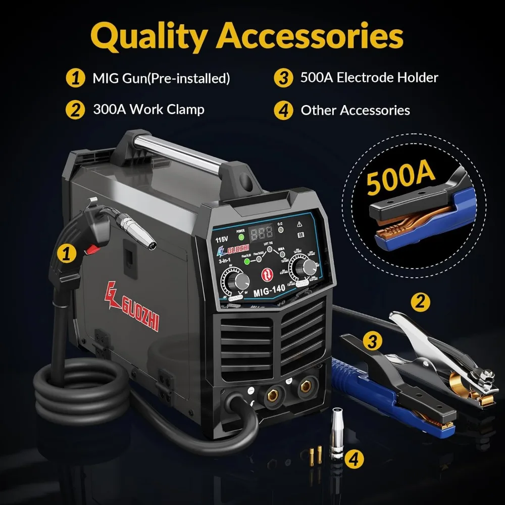 110V Flux Core MIG/Stick/Lift TIG 3 in 1 MultiProcess Welding Machine with Synergy, IGBT Inverter Portable Gasless Welder