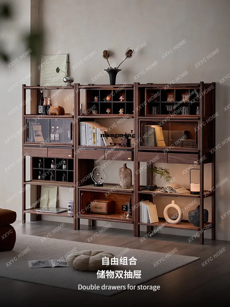 Solid wood combination Bogu frame black walnut tea room display cabinet shelf living room bookshelf