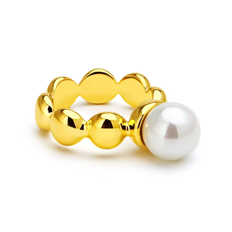 

VAROLE Geometry Art Bead Round Ring For Women Gold Color Big Pearl Rings Street Fashion Jewerly Party Anillos