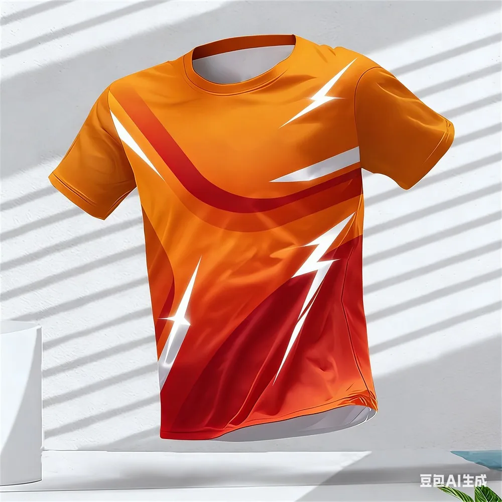2026 Men Sports Quick‑Dry Breathable Orange Red Lightning Geometric Print Slim Training T‑Shirt Short Sleeve Apparel