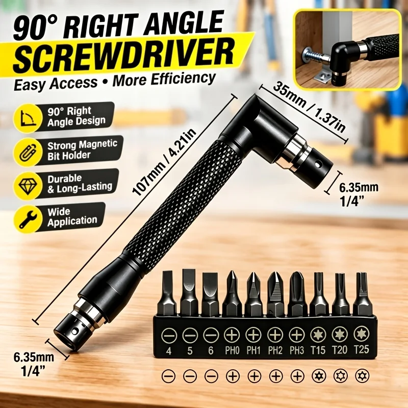11pcs L-shaped right angle screwdriver with 10 pieces of 1/4 inch screwdriver head set, multi specification screwdriver head kit