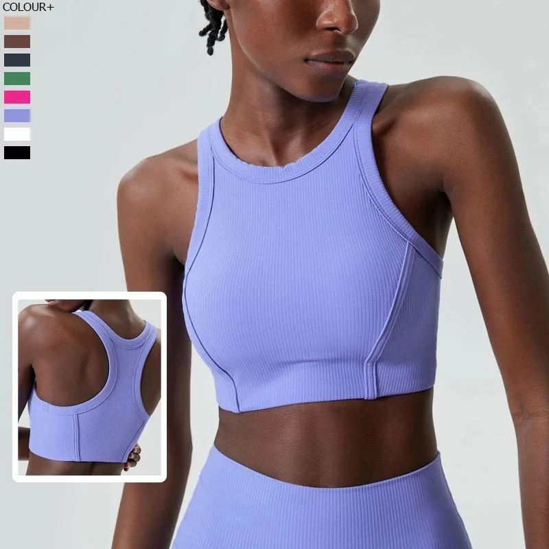 

High Impact Fitness Yoga Bra Super Stretch Round Neck Gym Crop Top Ribbed Fabric Sleeveless Running Vest Female Sportswear