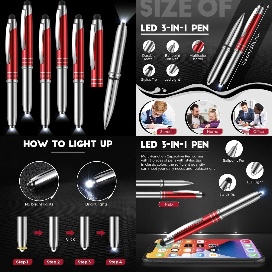 

5 Pieces Stylus Pen for Touchscreen Devices Multi-Function Capacitive Pen with LED Flashlight 3 in 1 Invisible Metallic Ink Too