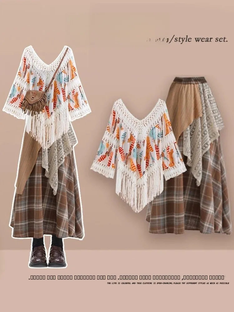 

Большой размер, весенний продвинутый женский этнический дизайн, винтажная клетчатая юбка, комплект из двух предметов
