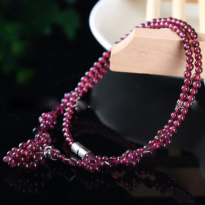 

High Quality 925 Silver Natural Stones Purple 5A Garnet Long Necklace Pendant Girls Tassel Multi-layer Women Jewelry Lovers Gift