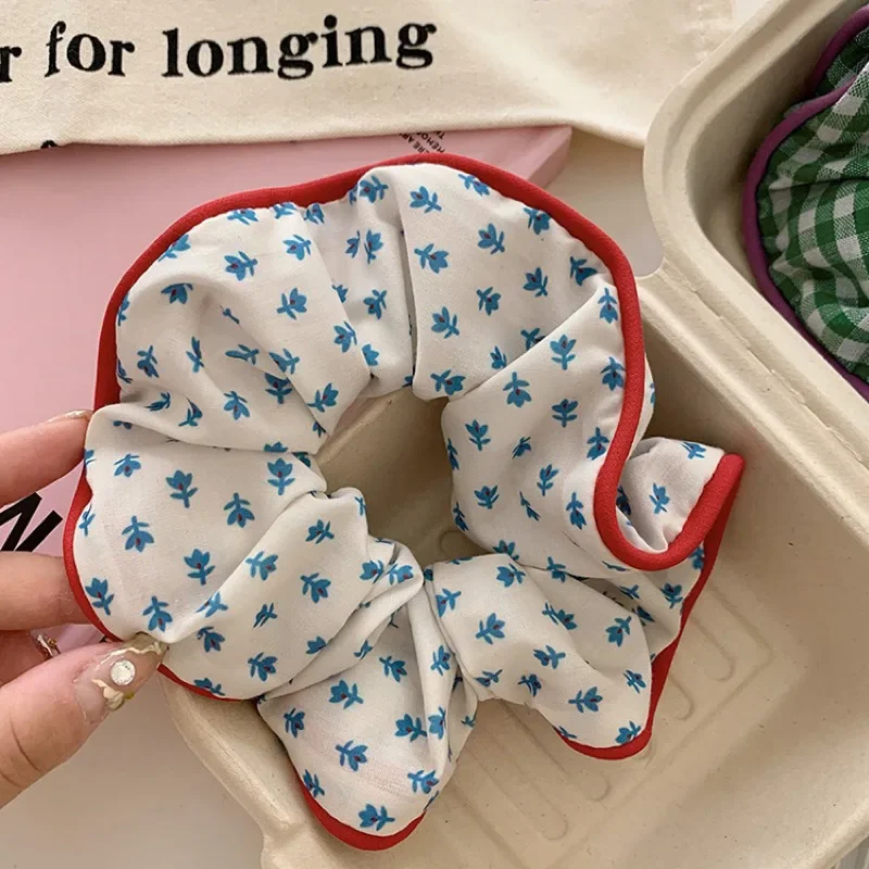 Korean Fashion Floral Plaid Scrunchie Women Girls Flower Elastic Hair Rubber Bands Accessories Tie Hair Rope Headdress Headwear