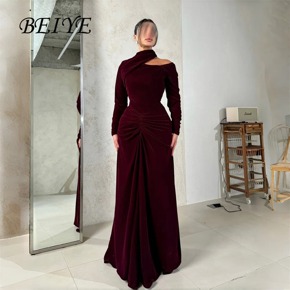 

BEIYE Elegant Velvet Mermaid Evening Dresses Women Long Sleeves High Collar Pleat Prom Dress Prom Dress Party Gown Customized