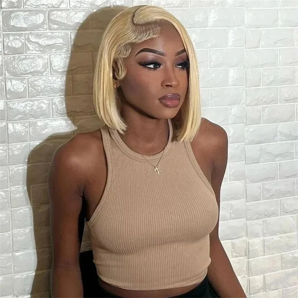 

613 Straight Short Human Hair Bob Wig Blonde Bob Wig 13X4 Transparent Lace Front Wigs Pre Plucked Bleached Knots 180% Density