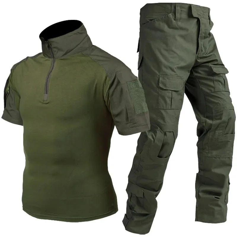 Summer Training Set Men\'s RU Camo Slim Short Sleeve T-shirt Multi-pocket Wear-resistant Cargo Trousers Male Outdoor Working Suit