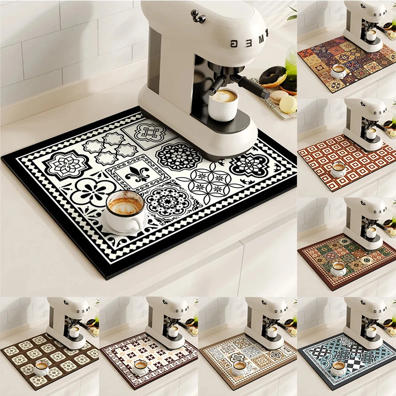 Coffee Maker Mat Retro Dish Drying Mats for Kitchen Non-slip Draining Pad Quick Dry Tableware Placemat Dinnerware Washable