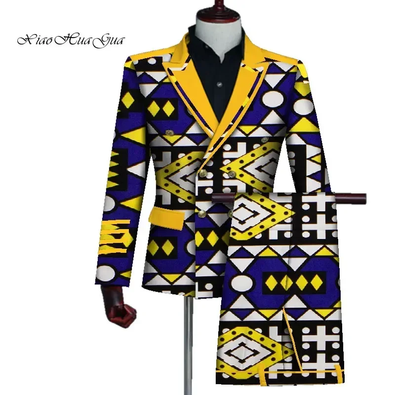 Mens African Clothing Bazin Riche African Wax Print Top Suits and Pants Sets Ankara Clothes 2 Pieces Blazer and Pants Set WYN725