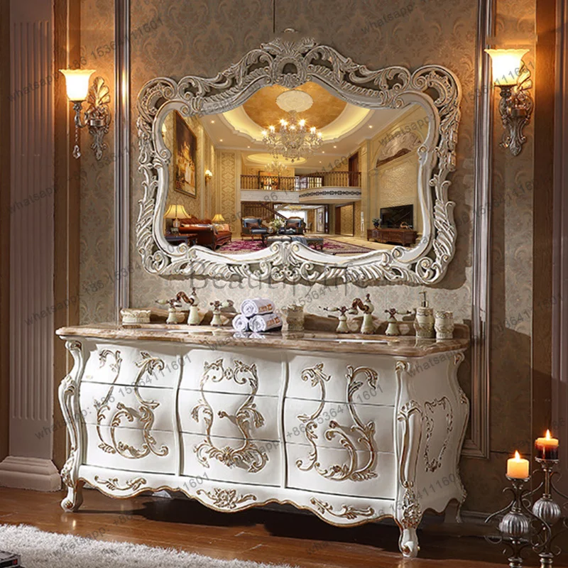 LDEuropean Luxury Stone Countertop Oak Bathroom Vanity Set Curved Oak Double Basin Marble Top Hand Washing Cabinet