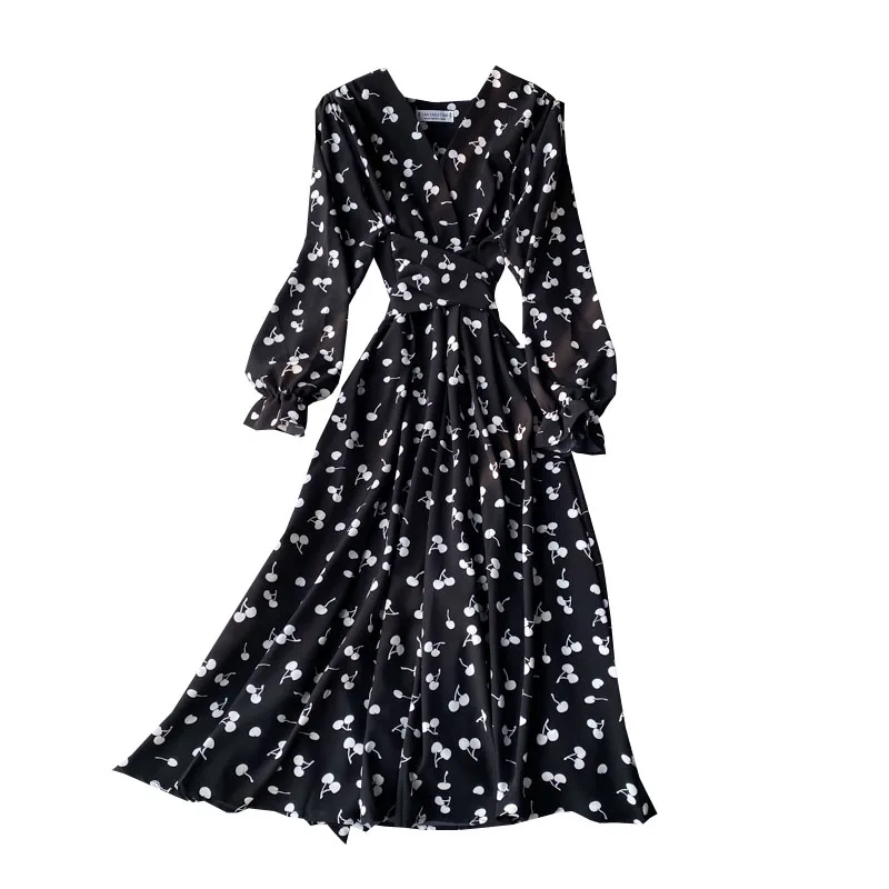 Vestido Maxi com Estampa de Cereja, Estilo Coreano, Decote em V, Cintura Alta, Manga Longa, Vestido Vintage de Camada Base