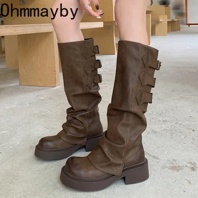 Platform Thick Heel Women Western Cowboy Boots Fashion Slip On Knight Long Booties Autumn Winter Female Shoes