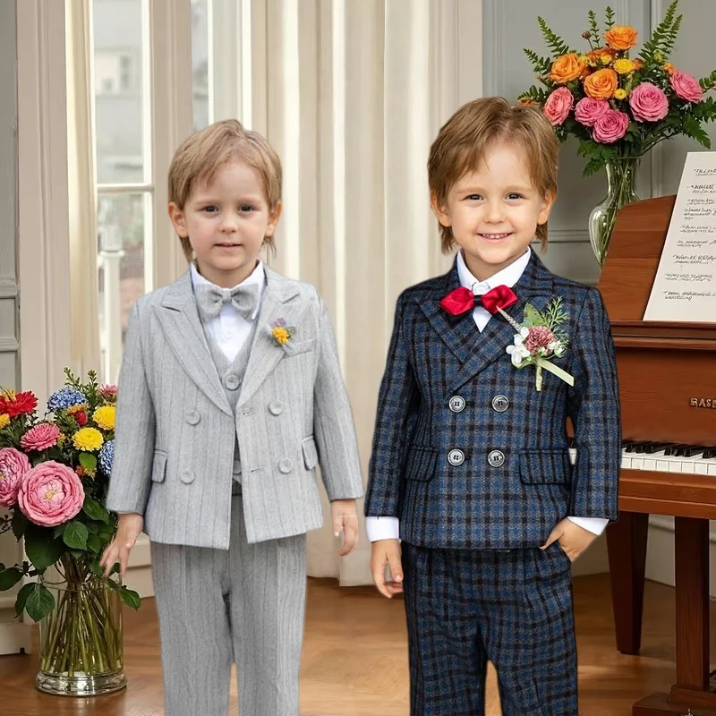 

80-150 Baby Kids 4Pieces/Set Jacket Vest Pants Bowtie Birthday Dress Boys Photograph Suit Children Wedding Party Costume