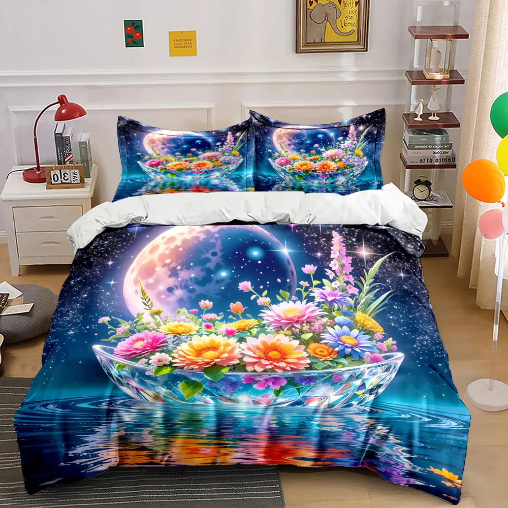 Glittering flower bowl under moonlit sky Print Soft Comfortable Duvet Cover Bedding Set Included 1*Duvet Cover  2*Pillowcases