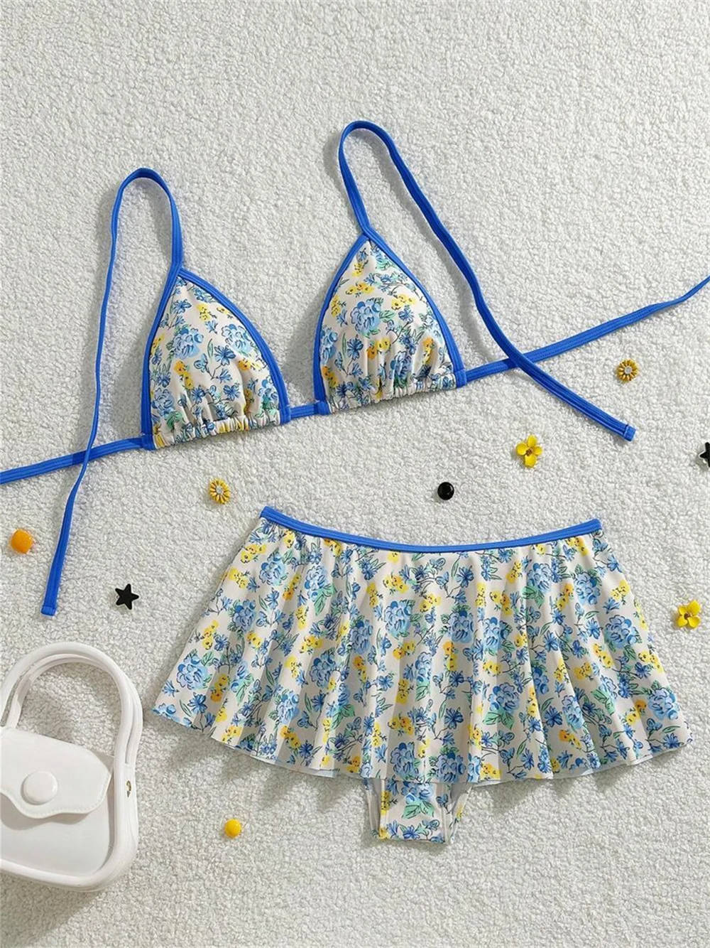 Sexy Blue Border Bikini Floral Swimsuit Pleated Skirt Thong Women Micro String Backless Two Piece Vacation Swimwear Beach Outfit
