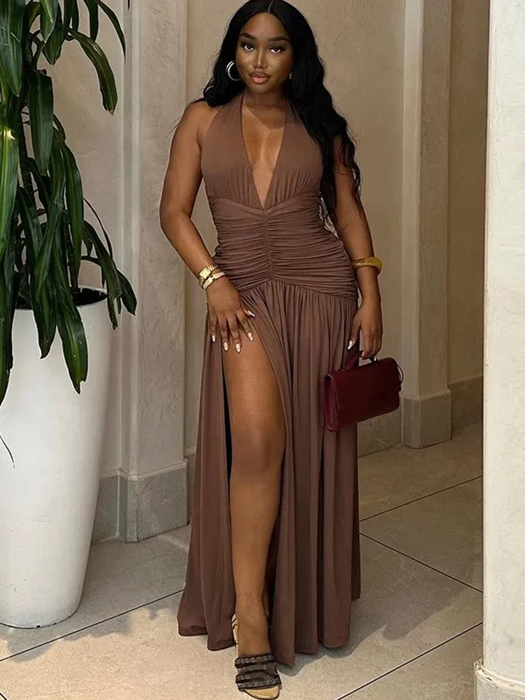 Weird Puss głęboki dekolt w serek sukienka wiązana na szyi kobieta letnie falbany rozcięcia Backless elegancki patchwork solidna impreza kokietka seksowna Vestidos