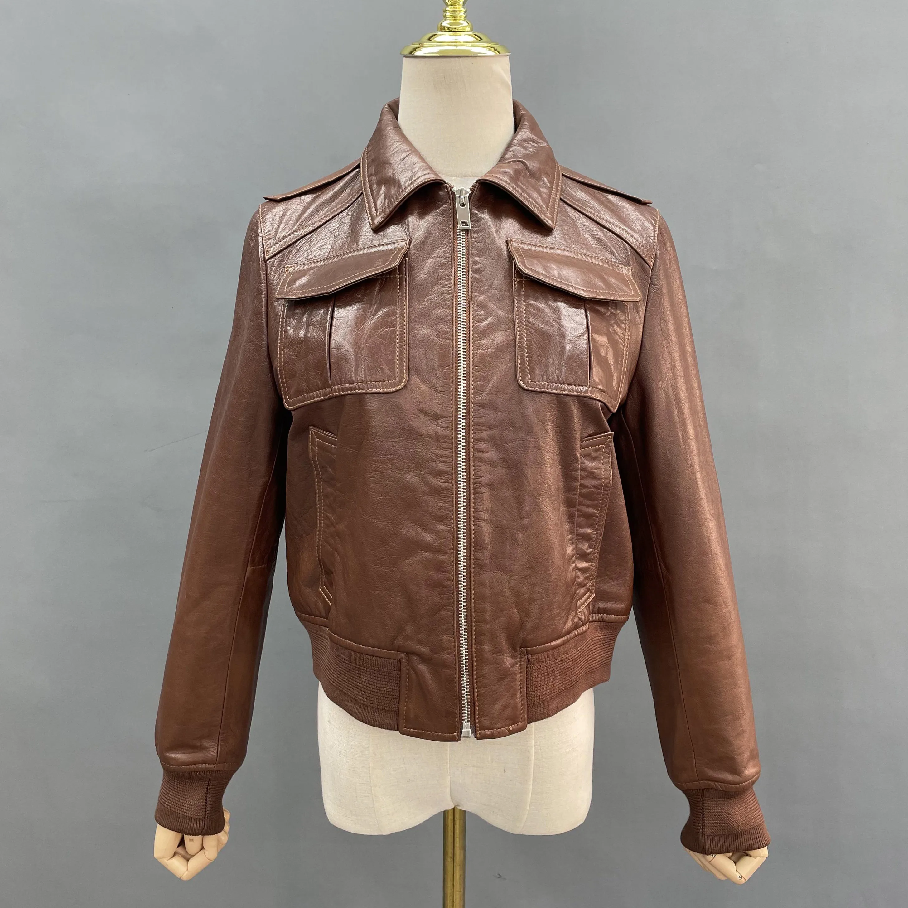 Women Leather Fashion Moto Jacket Vintage Sheepskin Leather Coat Lady Biker Jackets