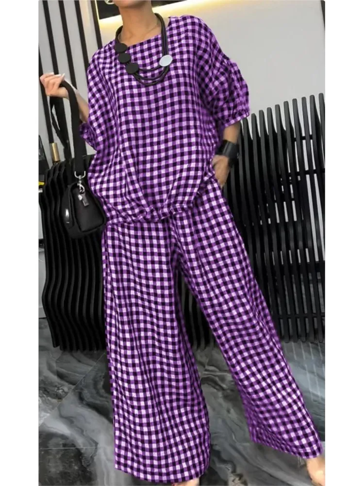 O-neck Half-sleeved Loose Top + Wide-leg Pants 2-piece Set Women\'s Fashion Spring Sets Autumn Plaid Printing Back Pull-out Suit