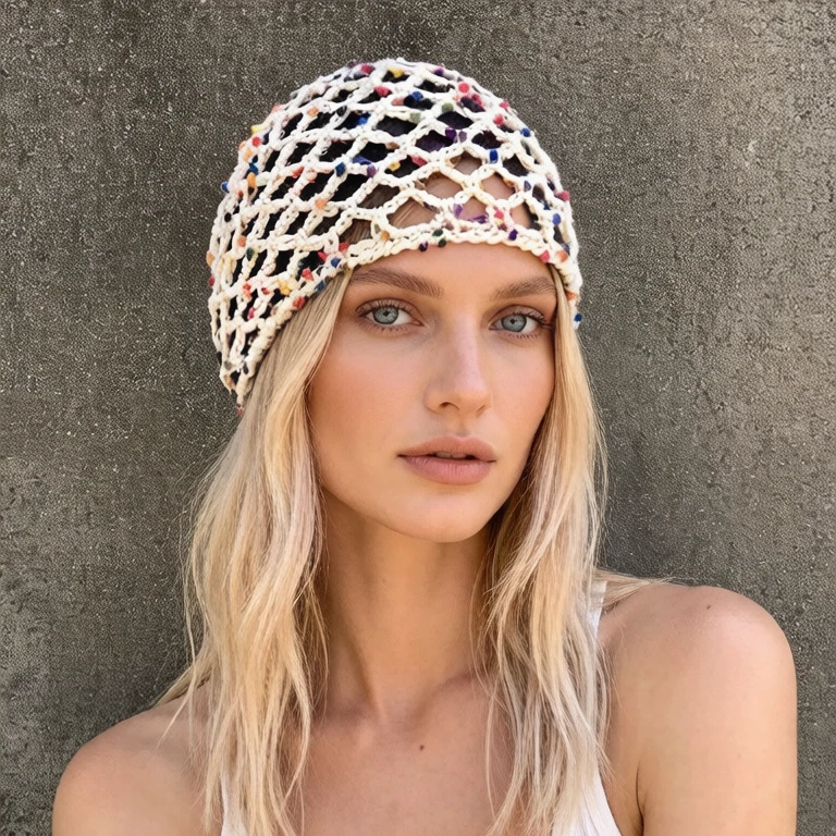 Hand-knitted hat openwork fishing net for women ,versatile candy-colored dotted yarn knit cap