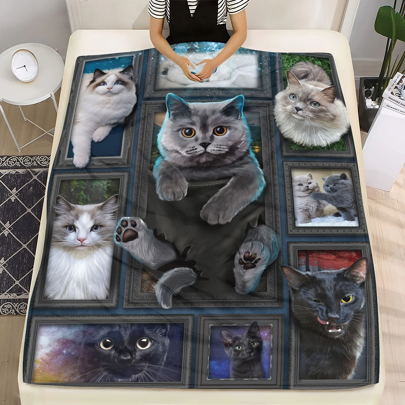Gray Cat Wrapped Knit Blanket Cozy Healing Style Throw Blanket for Sofa Soft Animal Print Blanket Cover