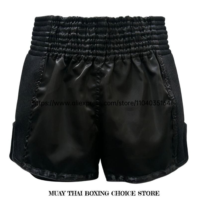 Muay Thai Shorts Atmungsaktive Thai-Box-Kampfshorts Kickbox-Training Workout Gym-Shorts für Männer Frauen Kinder Satin-Boxhosen Schwarz