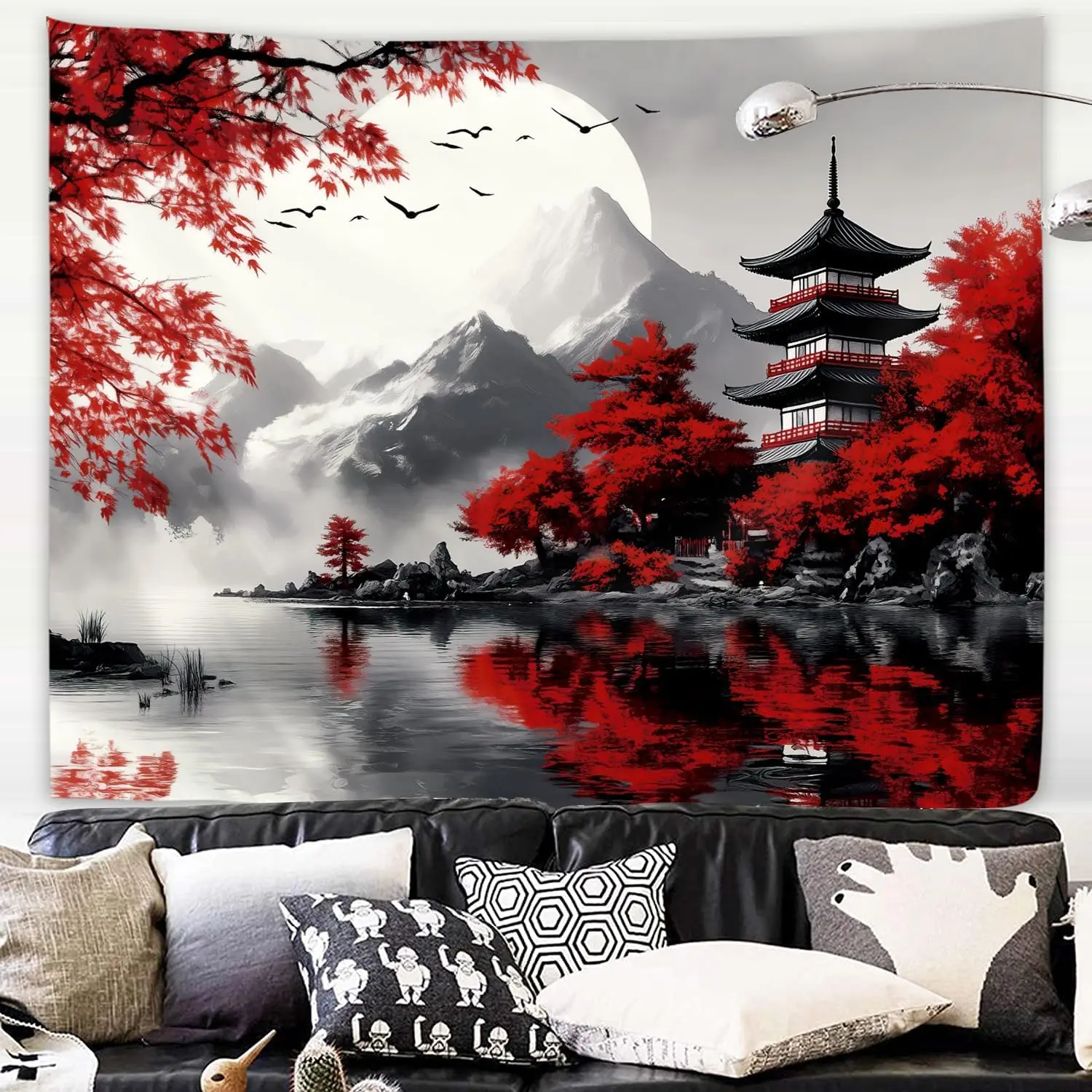 Japanese Red Maple Tapestry, Black and White Fuji with Red Trees and Pagoda by Lake Print Wall Hanging for Bedroom Living Room