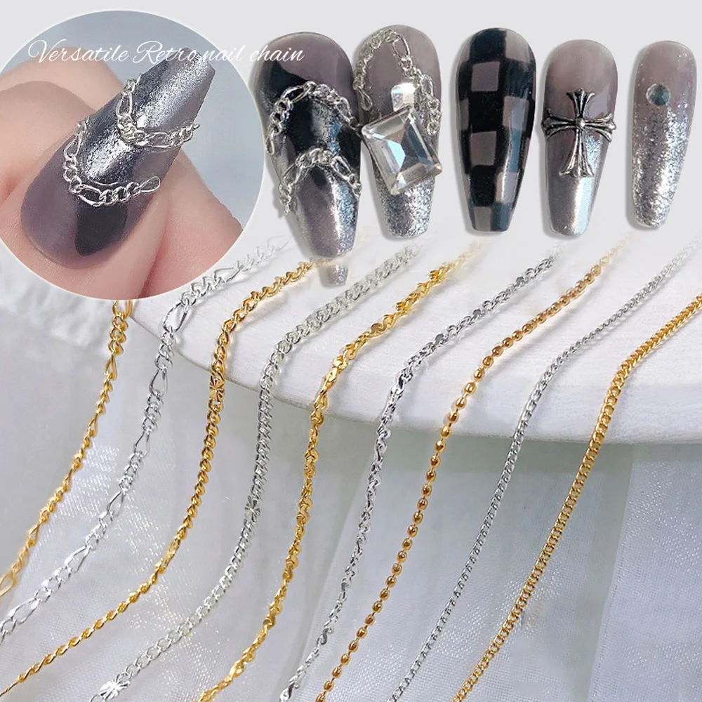 3d correntes de metal para nail art, jóias brilhantes em aço inoxidável, encantos estilo francês, acessórios diy, ferramentas de manicure, 1pcs