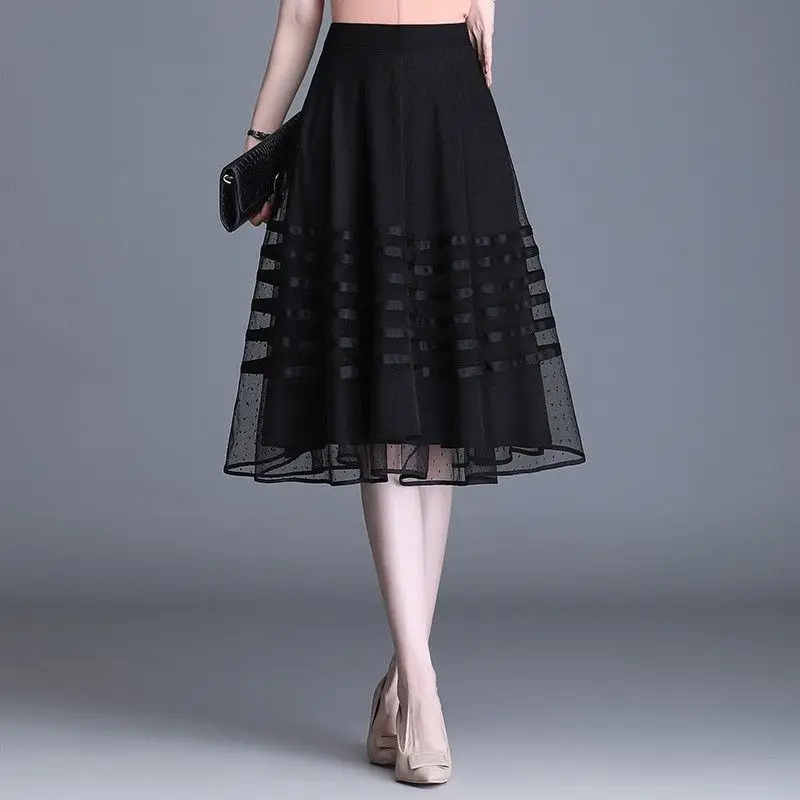 Fashion Striped Spliced Elegant Gauze Skirts Women's Clothing Summer New Loose Office Lady Zipper High Waist Skirts