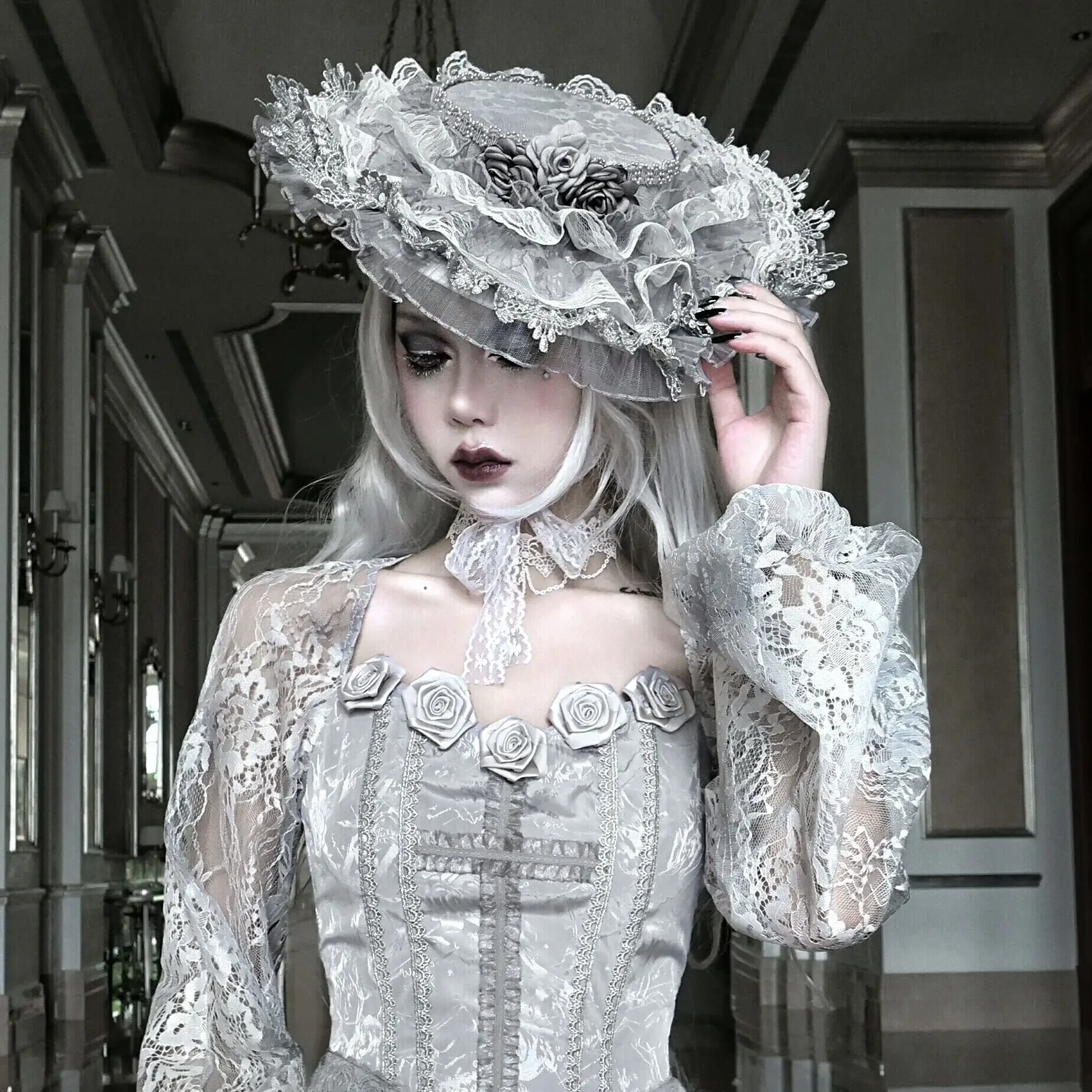 

Original Rose Funeral White Gothic Dirty Lace Palace Lolita Rose Fedoras Noverty Lace Hat Women