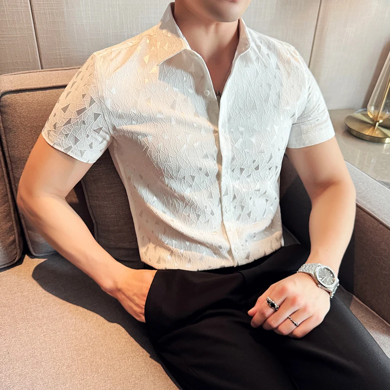 2025 Summer New Men's Slim Fit Shirt Short Sleeve Print Fashion Versatile Shirt Retro Casual Social Party Tuxedo Blouse 4XL-M