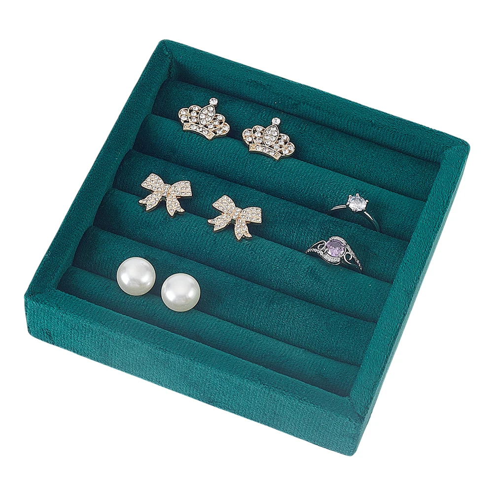 1PCS Dark Green Velvet Ring Tray Velvet Ring Display Tray 5 Slot Rings Ear Stud Storage Tray Drawer Insert Jewelry Showcase
