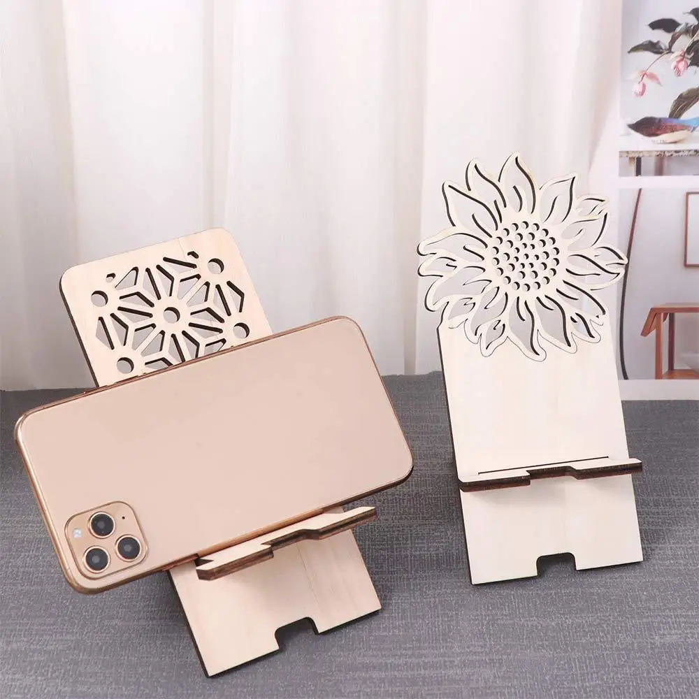 

Home Decor Hollow Desktop Phone Holder Wood Retro Stand Bracket with Charging Port Stable Cellphone Standing Office