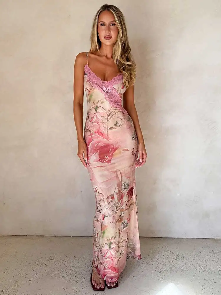 GACVGA Bedrucktes Spitzenkleid mit Splicing-Effekt, Sommerliches Elegantes Damenkleid, Schlankes Ärmelloses V-Ausschnitt-Trägerkleid, Sexy Bodycon Maxikleid für den Urlaub