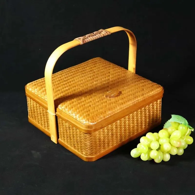 for 100% natural and environmentally friendly large rectangular flexible bamboo woven storage basket with handle, sustainable