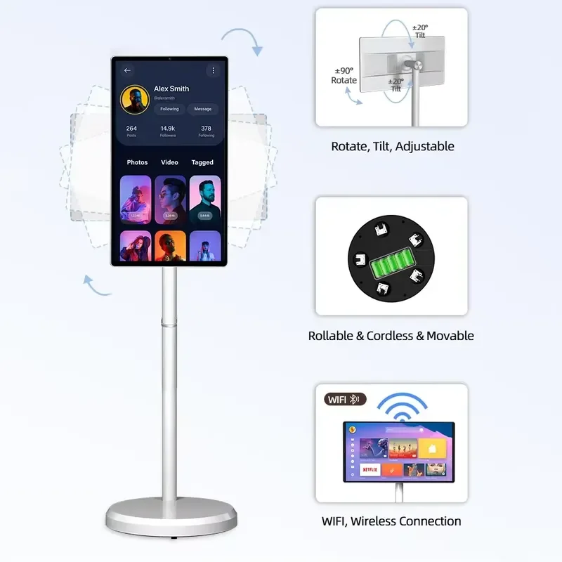 24 Inch Portable Smart TV Android 12 Movable Rollable LED Display FHD Digital Signage Mobile Monitor Mini Television for Home