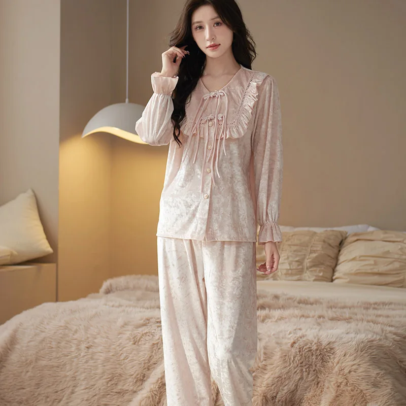 Chinese Style Velvet Pullover Pants Pajamas Autumn Winter Female 2PCS Sleepwear Pijamas Suit Sexy Nightwear Casual Homewear