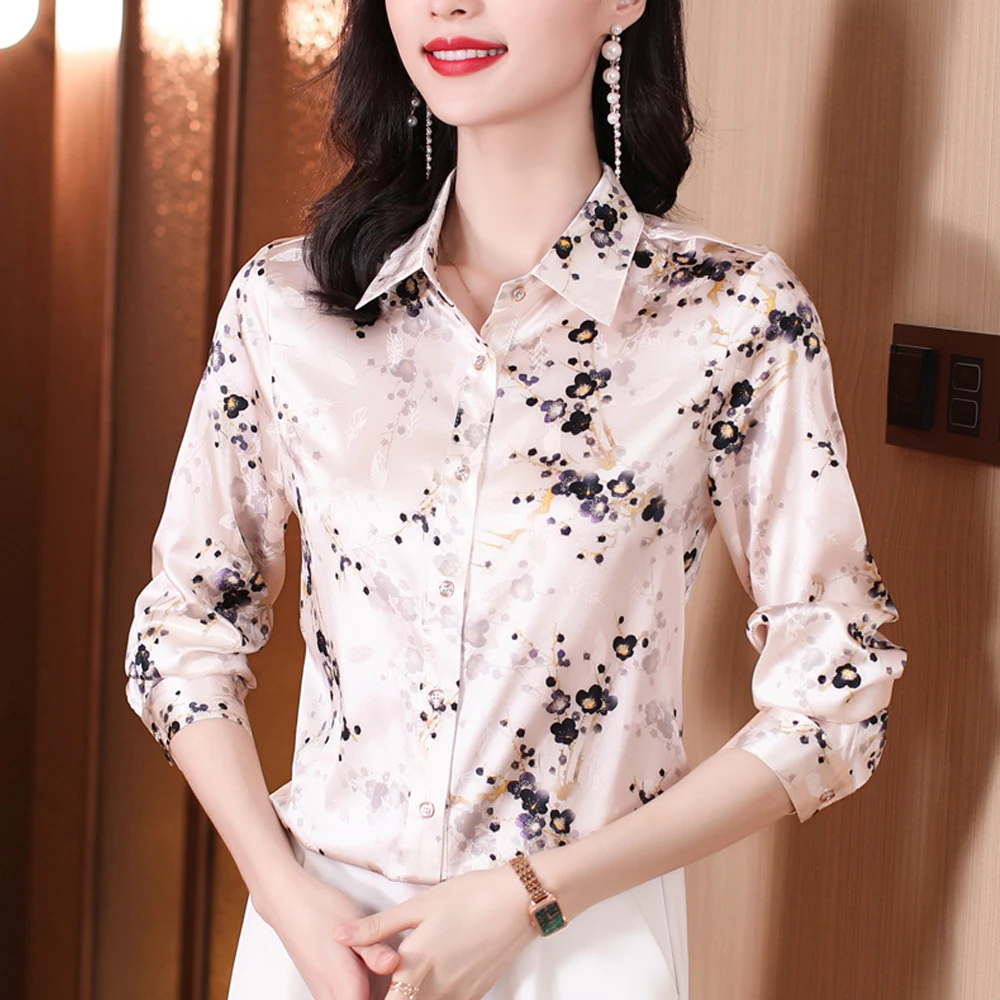 Fashion Printed Women\'s Shirts Long Sleeve Vintage Satin Silk Blouses Women Basic Tops Blusas Mujer De Moda 2024 Female Clothing