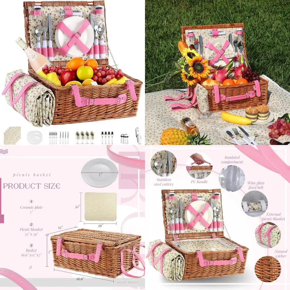 

Picnic Basket Set for Four with Waterproof Blanket, Insulation Bag, and Wicker Design in Pink Floral - Perfect for Weddings and